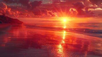A stunning sunset over a summer beach, with silhouettes of people walking along the shore. photo