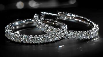 A pair of diamond hoop earrings, elegantly displayed against a dark backdrop. photo