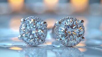 A pair of diamond earrings on a white background, showcasing their classic elegance. photo