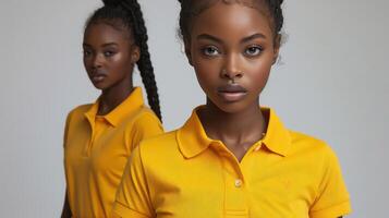 An all-yellow polo shirt worn by a black model. Show the front and sides in a minimalist style. photo
