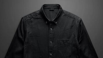 Close-up of a simple black shirt. By emphasizing details on the front contrasting with the white background. photo