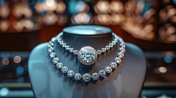 A diamond necklace displayed in a jewelry store, sparkling under the showcase lights. photo