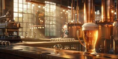 Modern brewery with tanks and copper pipes In the foreground is a bar with large beer glasses. photo