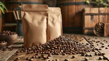 Two coffee bags for simulating coffee beans, earth tones, on a wooden table. photo