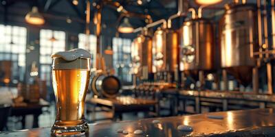 Modern brewery with tanks and copper pipes In the foreground is a bar with large beer glasses. photo