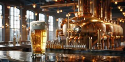 Modern brewery with tanks and copper pipes In the foreground is a bar with large beer glasses. photo