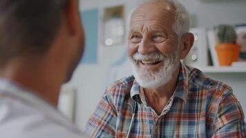 Smiling old man wearing a plaid shirt goes to the doctor in the clinic. Ideas for caring for the elderly. photo