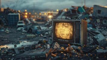 City's waste recycling station is filled with tons of technological junk. In the center of the image, a retro computer faces the camera and lights up. photo