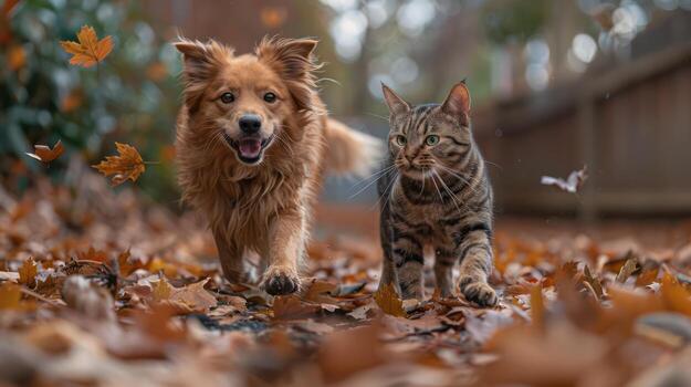 A dog and cat playfully pouncing on each other in a backyard filled with autumn leaves. photo