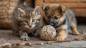 A kitten and puppy sharing a chew toy, each trying to tug it away from the other. photo