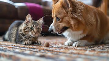 A dog chasing a laser pointer dot while a cat watches curiously, both engaged in the game. photo
