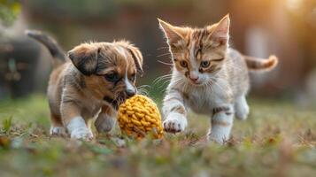 Dogs and cats share toys by pulling them between each other in friendly games on the lawn. photo