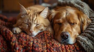 A cat and dog napping side by side after an energetic play session, showing their bond. photo
