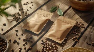 Two coffee bags for simulating coffee beans, earth tones, on a wooden table. photo