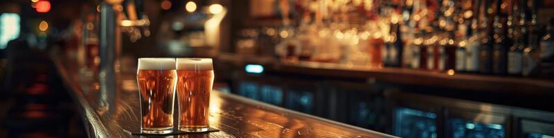 Bar counter with two bottles of beer photo