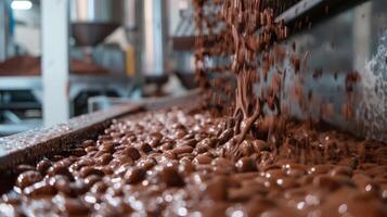 Chocolate waterfall falls on beans in factory photo