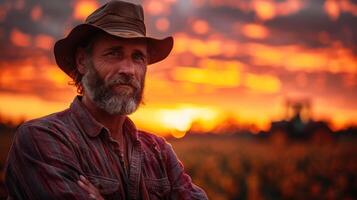 A Happy farmer in front of tractor sunset background. photo