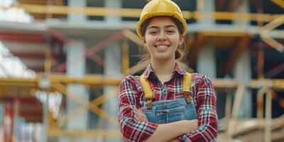 A young female construction worker in a red plaid shirt and jeans overalls stands with her arms crossed and smiling. There was a construction area behind him in the blur zone. photo