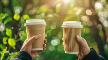 Two hands holding a takeaway coffee cup. The background is blurry but conveys a natural outdoor atmosphere with lush greenery. photo