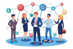 A group of four business professionals stand in front of a network of interconnected icons representing communication, collaboration, and global reach. vector