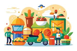 An illustration of food delivery service workers using a scooter and ordering food online. vector