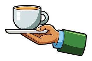 A cartoon illustration of a hand serving a cup of coffee on a saucer. The hand is wearing a green sleeve and a blue cuff. vector
