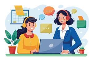 An illustration of two women working together on a laptop in an office setting. They both have headsets on and are smiling, suggesting a collaborative and positive work environment. vector