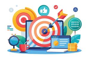 A digital illustration of a bullseye target with an arrow hitting the center on a laptop screen surrounded by various business icons. vector