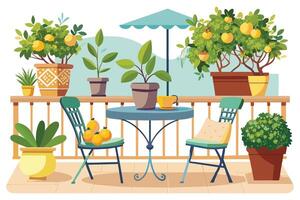 An illustration of a balcony with a variety of plants, a table and chairs, and an umbrella. vector