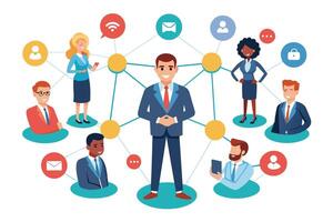 A business professional stands at the center of a network connecting to various other individuals. vector