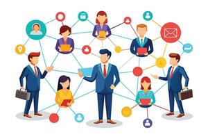A varied team of professionals connect through a colorful network, communicating and collaborating via different channels, reflecting strong teamwork. vector