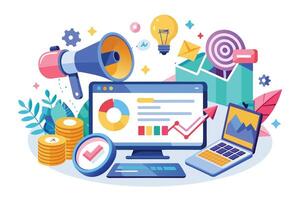 Illustration of digital marketing elements including a megaphone, laptop, chart, and coins, representing a successful strategy. vector