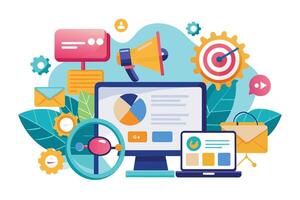 A vibrant illustration representing a digital marketing strategy with a computer, laptop, target, megaphone, and other icons. vector