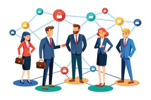 A group of four business professionals stand in a network of connections, symbolizing the importance of collaboration and communication in the modern workplace. vector