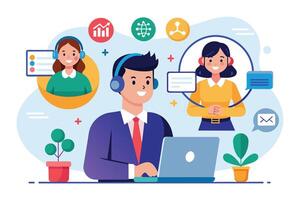 An illustration of a customer service representative using a laptop to communicate with clients online. The representative is smiling and appears to be helping the clients. vector