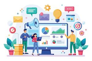 An illustration depicting three business professionals working together on a computer, analyzing data and marketing strategies. vector