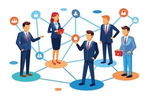 A digital illustration of five business professionals, both male and female, standing on individual circles connected by a complex web of lines, representing a network of connections. vector