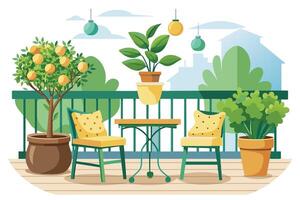 A cheerful urban balcony features a potted citrus tree, green plants, a small table and chairs, and colorful hanging ornaments. vector
