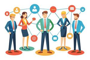 Illustration depicting five business professionals standing connected by a network of social media icons, representing communication and collaboration. vector