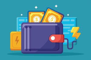 Illustration of a digital wallet with cash and a lightning bolt icon, representing digital currency or payments. vector