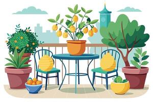 A charming balcony with potted plants, including a lemon tree, a table and chairs, and a city view in the background. vector