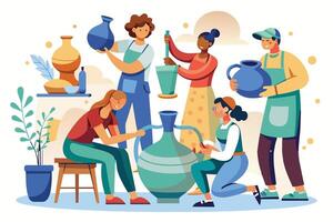 A group of people are working together to create pottery. They are all wearing aprons and smiling as they work. vector
