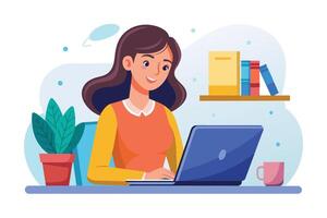 A woman with brown hair sits at a desk, smiling as she works on a laptop computer. There is a plant in a pot and a bookshelf with books in the background. vector
