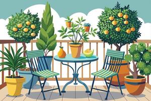 A cartoon illustration of a relaxing balcony setting with potted plants, a small table, and two chairs. vector