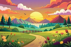 An illustrated scene of a winding path leading through a grassy valley, surrounded by mountains and a setting sun. vector