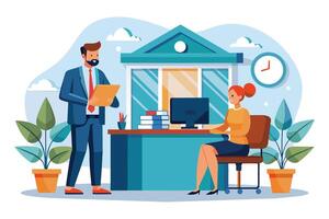 A businessman is talking to a woman sitting at her desk in an office. He is holding a document and has a serious expression on his face. vector
