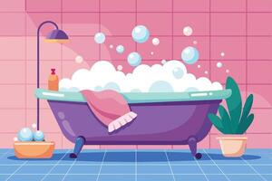 A cartoon illustration depicting a bathtub filled with soapy bubbles, a pink towel, and a small potted plant in a pink tiled bathroom. vector