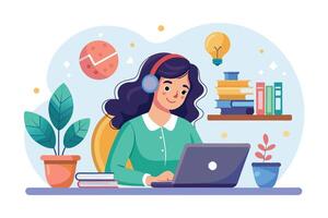 An illustration of a woman wearing headphones and using a laptop, studying online in a home setting. Books, plants, and a lightbulb represent the learning environment. vector