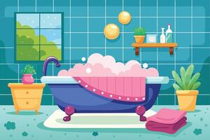 A cartoon illustration of a modern bathroom with a blue bathtub filled with pink bubbles, a small window with a view of green trees, and plants on a shelf. vector