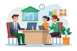 An illustration depicting a professional business meeting in a modern office setting. Three individuals, two women and one man, are seated around a desk with laptops. vector